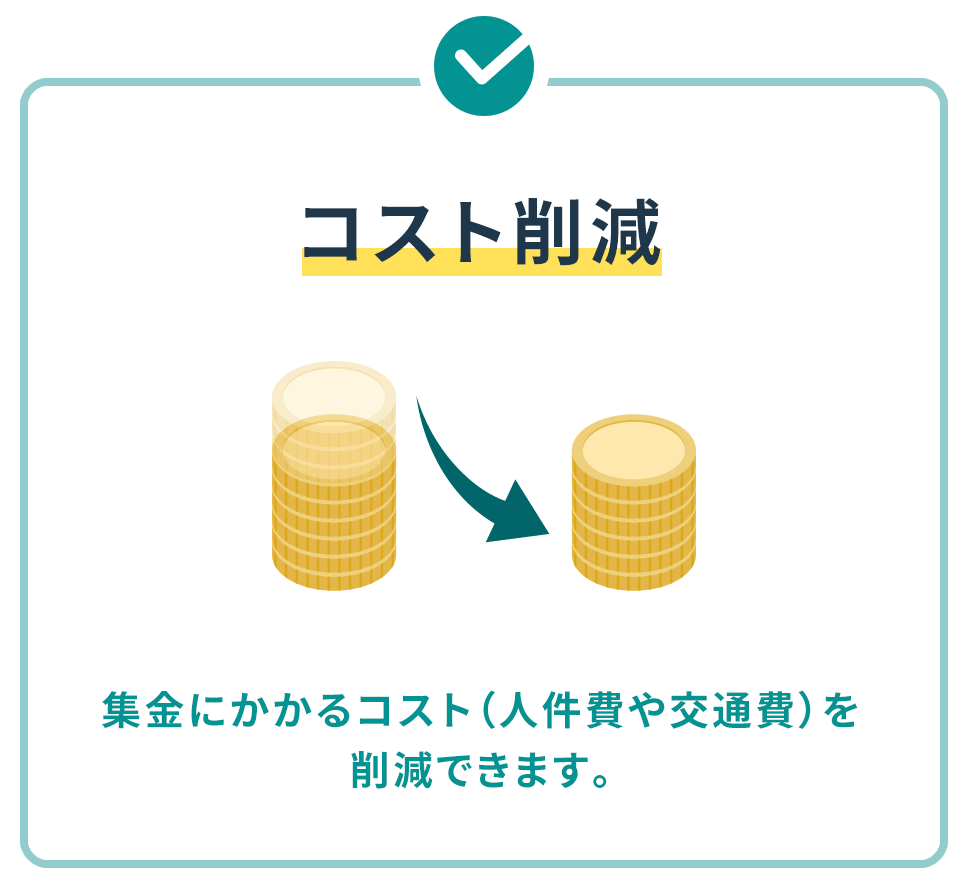 コスト削減 集金にかかるコスト（人件費や交通費）を削減できます。