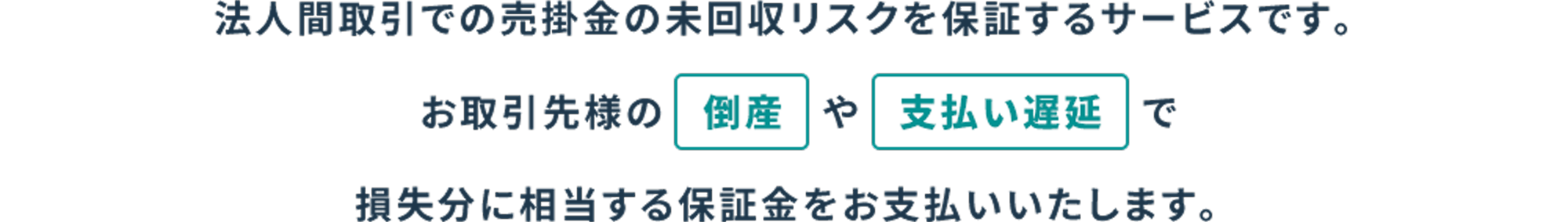 法人間取引での売掛金の未回収リスクを保証するサービスです。お取引先様の倒産や支払い遅延で損失分に相当する保証金をお支払いいたします。