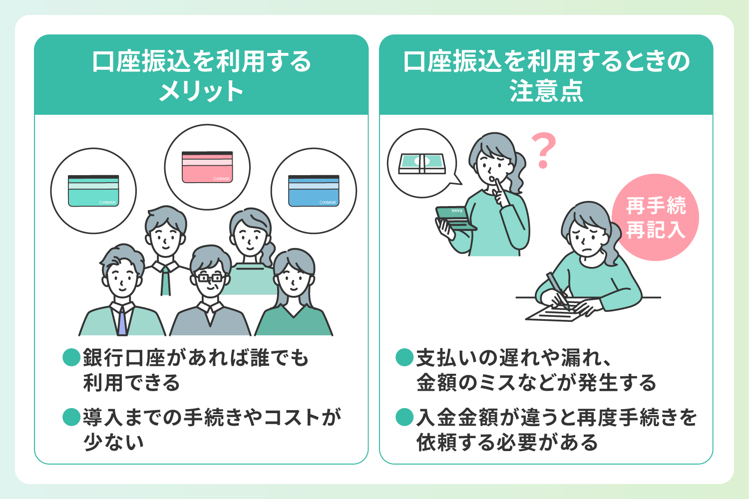 口座振込を利用するメリットと注意点の解説イラスト
