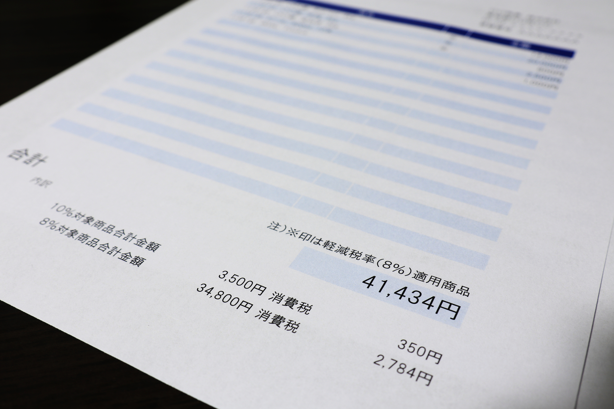 合計金額と消費税率・税額が記載された請求書