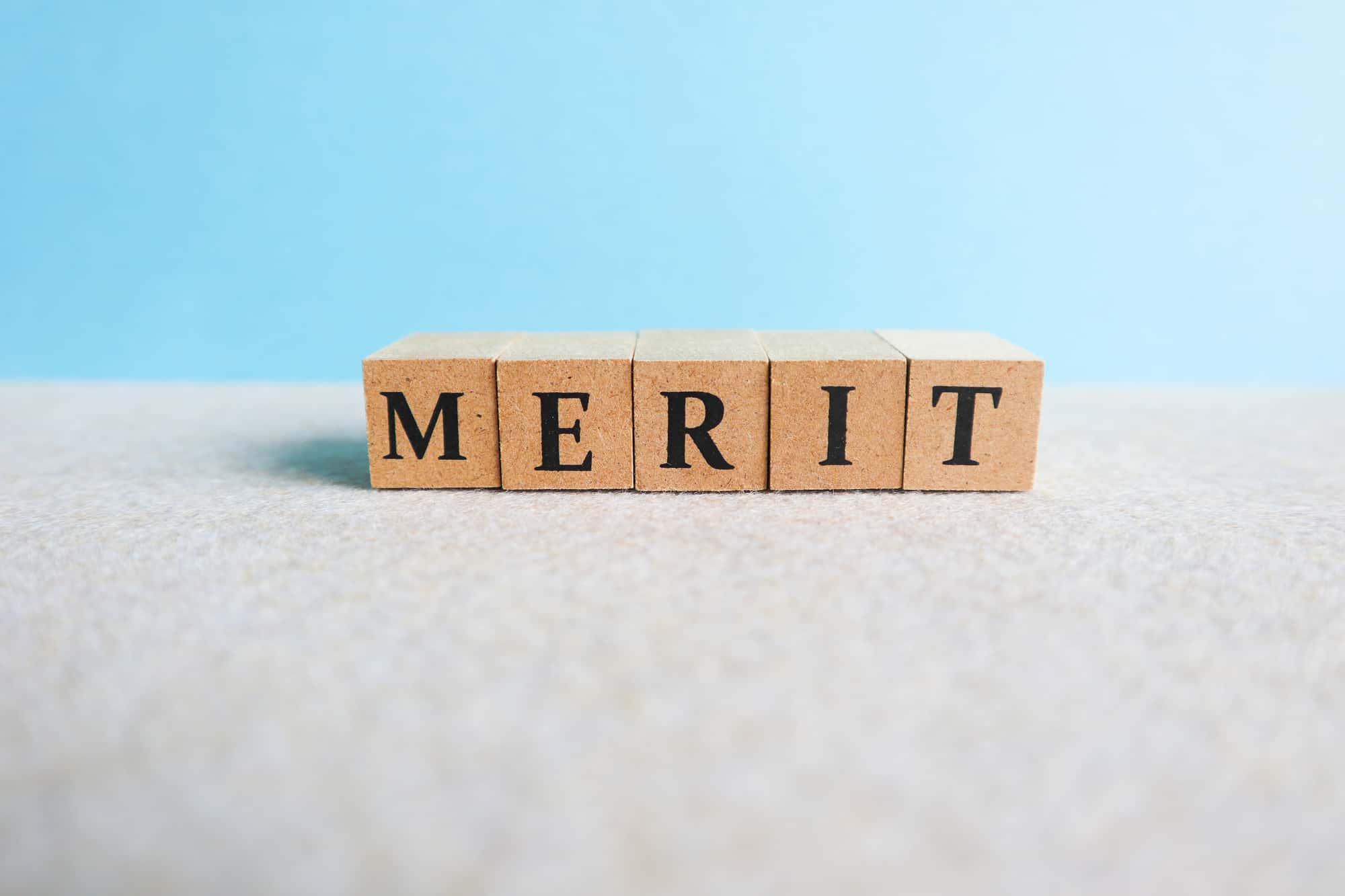 「MERIT」の文字が入った木のブロック